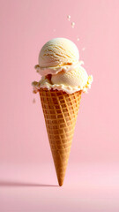 Ice cream cone with melting double scoop, one scoop mid-air about to fall, creamy texture with visible drips, vibrant pastel colors, clean minimal background, dessert in dynamic motion freeze