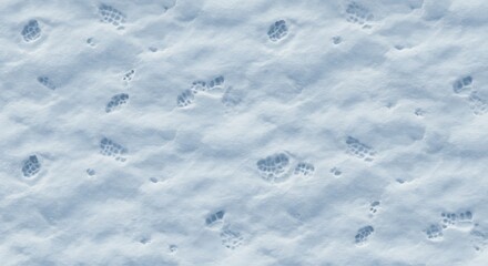 Multiple animal paw prints deeply embedded in fresh powdery white snow viewed from above