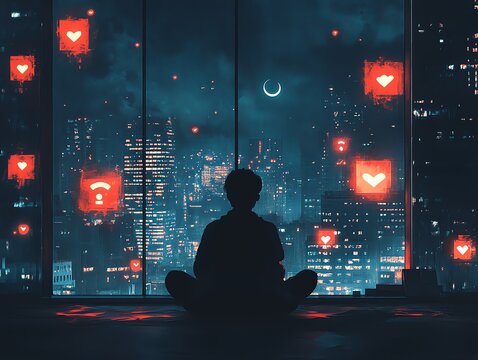 Silhouette of Person Sitting Cross Legged in Front of Large Window Overlooking City Skyline at Night with Neon Heart and Wifi Icons