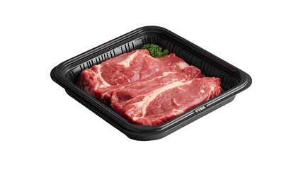 Fresh ribeye steaks with marbling in black plastic tray on transparent background