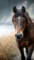 Obraz premium Majestic brown horse walking along a serene path by the river in the early morning light