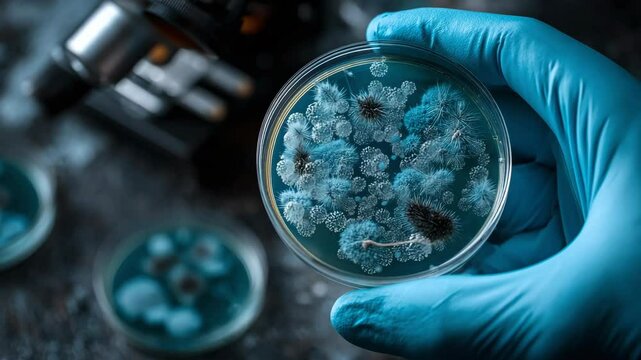 Microbiology: A gloved hand carefully holds a petri dish with fungal growth, illuminated by a microscope in the background. Scientific research at work.