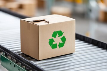 A cardboard box with a green recycling symbol is on a conveyor belt, suggesting sustainable packaging and eco-friendly shipping.