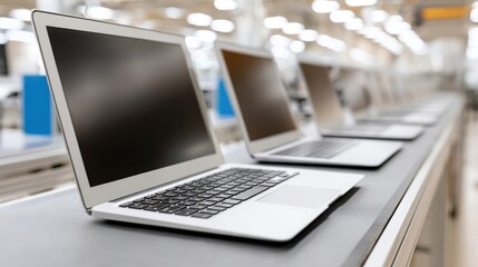 Many new laptops with blank screens are lined up in a brightly lit factory, ready for shipping and sale after quality control inspection.