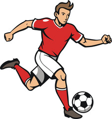 Colorful vector of a male soccer player in red uniform dribbling the ball, suitable for youth sports promotion and game illustrations