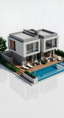 Fototapeta premium High-resolution product shot of a modern two-story villa architectural model with pool, isolated on white with reflection.