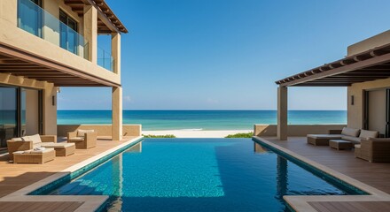 Fototapeta premium Luxurious Beachfront Villa with Infinity Pool and Ocean View on Sunny Day
