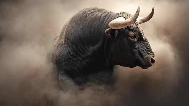 Powerful bull emerging from dust cloud with horns. A symbol of strength and determination, charging forward with undeniable force.