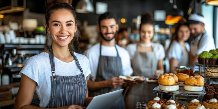 Radiant business owner using a laptop in her lively cafe, creating a thriving environment, commerce.