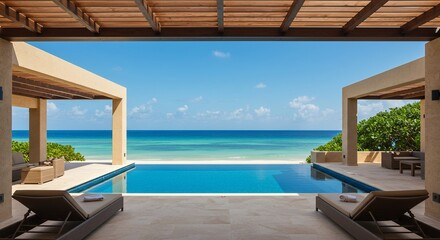 Fototapeta premium Luxurious Beachfront Villa with Infinity Pool and Ocean View Under Wooden Pergola.