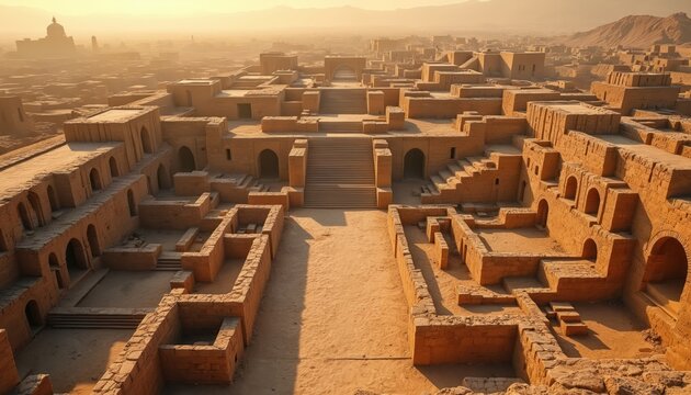 Aerial view ancient city settlement. Old architecture urban planning of Indus Valley Civilization. Historic ruins, archeology, building exteriors, city landscape in warm light, sun. Historical