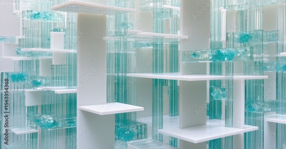 Aufkleber Abstract installation. White supports hold translucent turquoise blocks. Minimalist design creates layered visual depth. Light filters through structure.