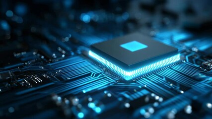 Circuit board with a central processing unit with futuristic neon blue light tracing all its wiring for an abstract yet impactful image that screams technology