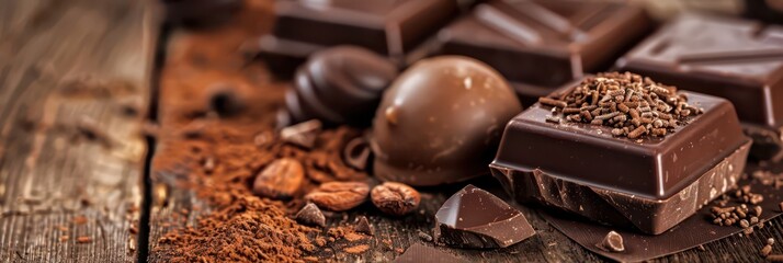 Celebration of world chocolate day with assorted chocolates on rustic wood. Horizontal banner. Copy space. Free space for text