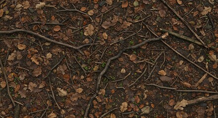 Overhead view of a forest floor covered with fallen brown leaves twigs large branches and dark soil