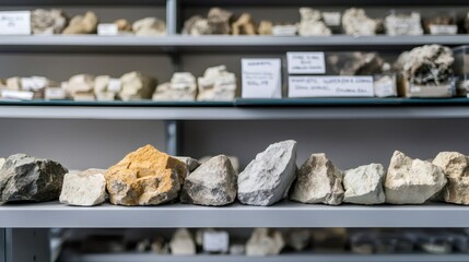 Various rock samples, showcasing diverse geological formations, are neatly arranged on a shelf in a geological laboratory, providing valuable insights into earth's composition and history