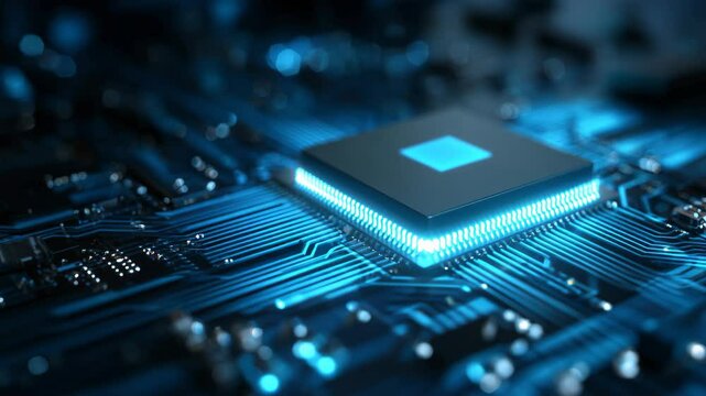 Circuit board with a central processing unit with futuristic neon blue light tracing all its wiring for an abstract yet impactful image that screams technology