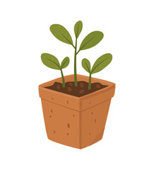 Potted seedling with green leaves in terracotta pot, flat hand-drawn vector, earthy colors, minimal texture. Perfect for eco projects, gardening blogs, stickers, planners, education, digital and print