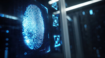 Digital fingerprint scan security technology, glowing blue server