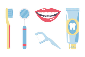 Dental care set with toothbrush, toothpaste, floss, and smiling mouth