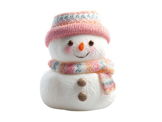 Fototapeta premium Cheerful Snowman Winter Holiday Decoration Pink Hat Scarf isolated on a transparent background christmas