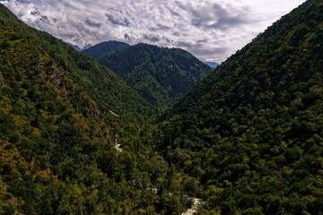 Talgar Gorge, a scenic mountainous area with varied vegetation, located in the Tian Shan range.