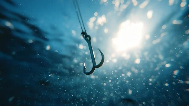 Underwater fish hook in ocean. Fishing equipment, water depth, marine concept. Shiny hook, blue water, and sun rays through the water surface