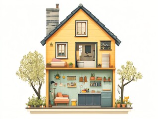 Colorful Modern House Cross Section Interior View with Cozy Living Spaces