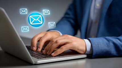 Businessman typing on a laptop with glowing email icons symbolizing digital communication and correspondence