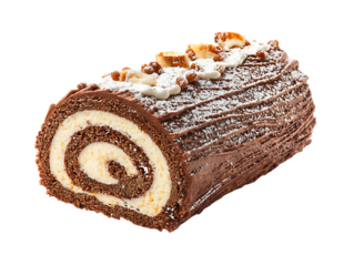 Chocolate Yule Log Cake with Cream Filling and Nuts isolated on a transparent background brown