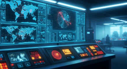 Obraz premium High-Tech Control Room Tracking Global Missile Activity on Digital Displays
