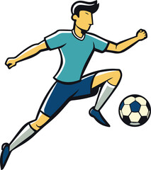 Cartoon style vector of a soccer player in teal jersey kicking a ball, perfect for children’s sports designs and educational materials.