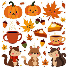 Cute autumn illustration with pumpkins, squirrels, and leaves  