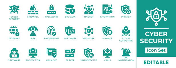 Fototapeta premium Cyber Security Icon Set. Features icons of data protection, firewalls, encryption, malware, secure access, and threats. Perfect for IT, tech, and digital security content.