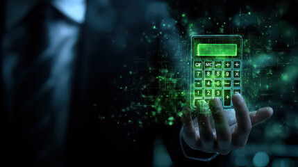 Businessman holding digital calculator, futuristic finance