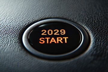 Illuminated Engine Start Button on Leather Surface, Symbolizing the Future of Electric Vehicles 2029