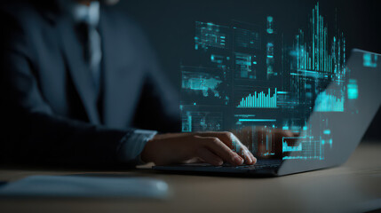 Businessman using laptop computer analyzing data digital graph