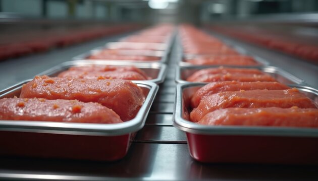 Prepared processed meat products arranged in trays. Ready-to-cook, efficient packaging for culinary use. Food industry, meal preparation, quality, and convenience. Fresh ingredient, food production.