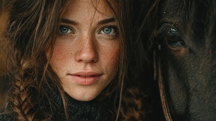 Young woman with freckles and braided hair poses next to a horse in a warm autumn setting