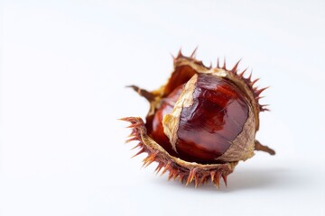 A horse chestnut partially enclosed in its spiky brown husk against a plain white background