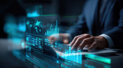 Businessman working laptop with digital data graphs, futuristic