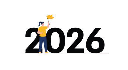 Optimistic Woman Holding a Goal Flag Next to Bold 2026 Numerals, Symbolizing Future Aspirations
