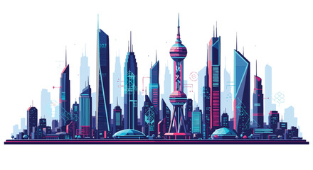 Obraz premium Vibrant Futuristic Shanghai Cityscape Vector Illustration with Modern Skyscrapers and Bright Digital Hues