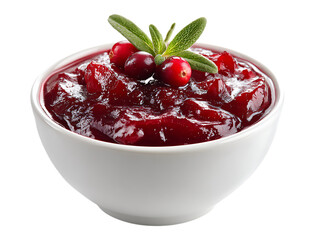 Cranberry Sauce in White Bowl with Fresh Cranberries and Sage isolated on a transparent background image