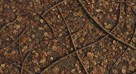 Overhead view of autumn leaves small branches and twigs scattered on dark earth