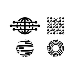 This image contains a set of 4 abstract black-and-white icons representing global networks, digital spheres, and tech circuit systems. Each design combines geometric elements with futuristic patterns,