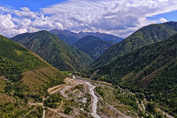 Talgar Gorge, a scenic mountainous area with varied vegetation, located in the Tian Shan range.