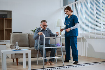 physiotherapist taking care of the happy senior patient in a medical clinic
