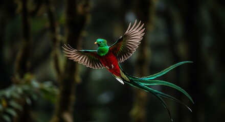 Magnificent Resplendent Quetzal in Flight, Showcasing Vibrant Plumage and Long Tail Feathers