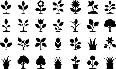 Black plant and flower icons tree grass